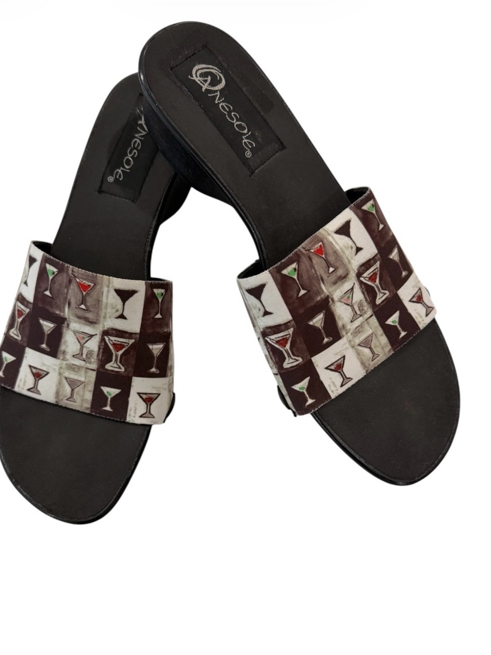 Martini Slide Sandals One Sole Cocktail-Print Strap Size 10 espresso martini